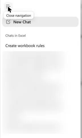 The previous conversations panel in the Copilot pane in Excel, with New Chat at the top and a list of earlier chats below (blurred).