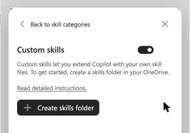 The Custom skills section with a toggle, a note that custom skills let you extend Copilot with your own skill files, and a Create skills folder button.
